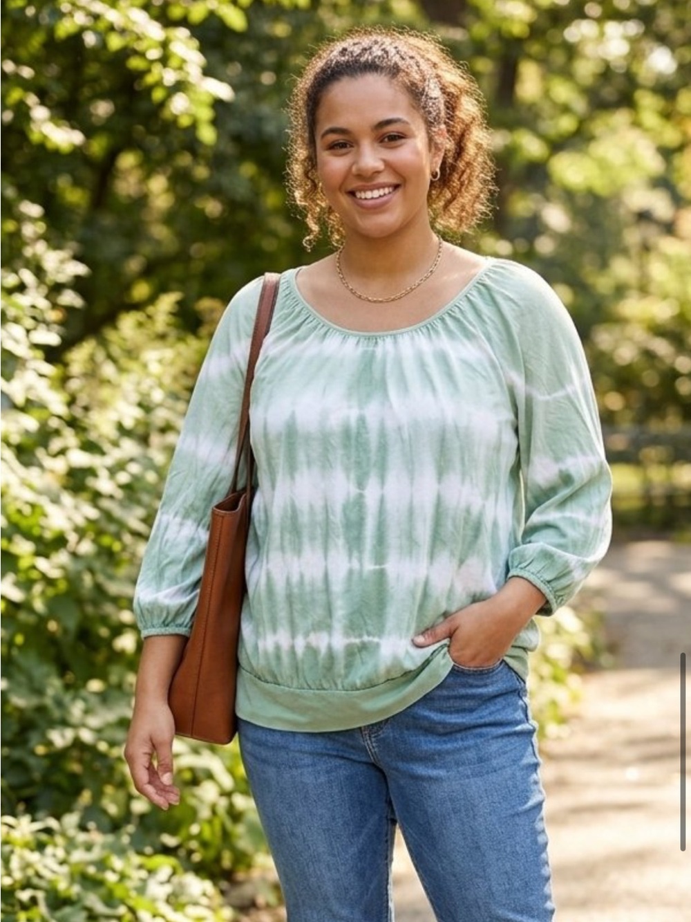 Chaps Sage Green and White Tie-Dye Scoop Neck Sweater